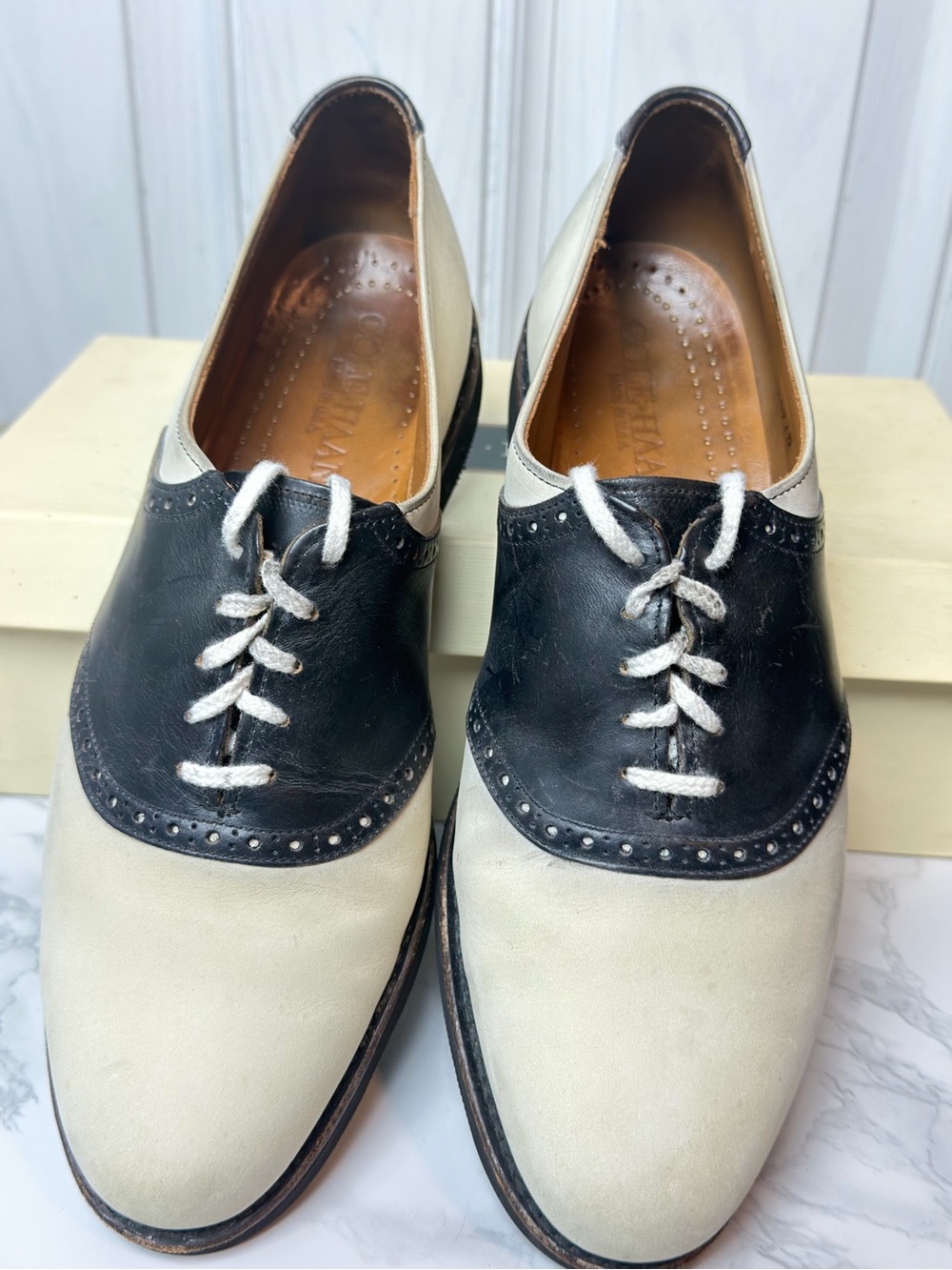Cole Haan Berkley Vintage Black White Leather Saddle Oxfords Shoes Men's 10.5 D